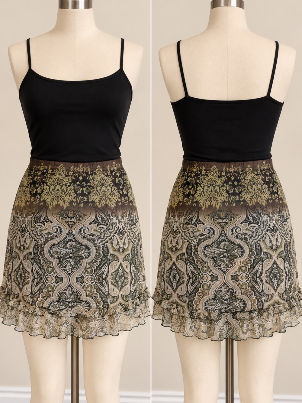 Vintage 90s Essentials Paisley Ruffle Mini Skirt - Black, Olive, Tan